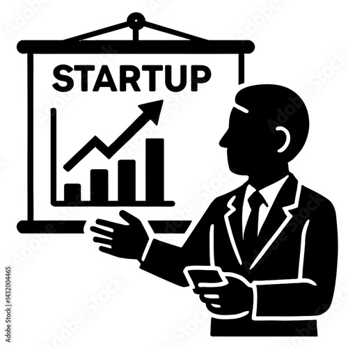 Vector silhouette illustration of a businessman giving a presentation on a startup with upward trending graphs. Represents entrepreneurship, new business, and growth.