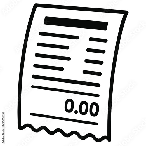 Vector illustration of a receipt with a zero balance (0.00) in black and white. Represents payment, no cost, or settled account.