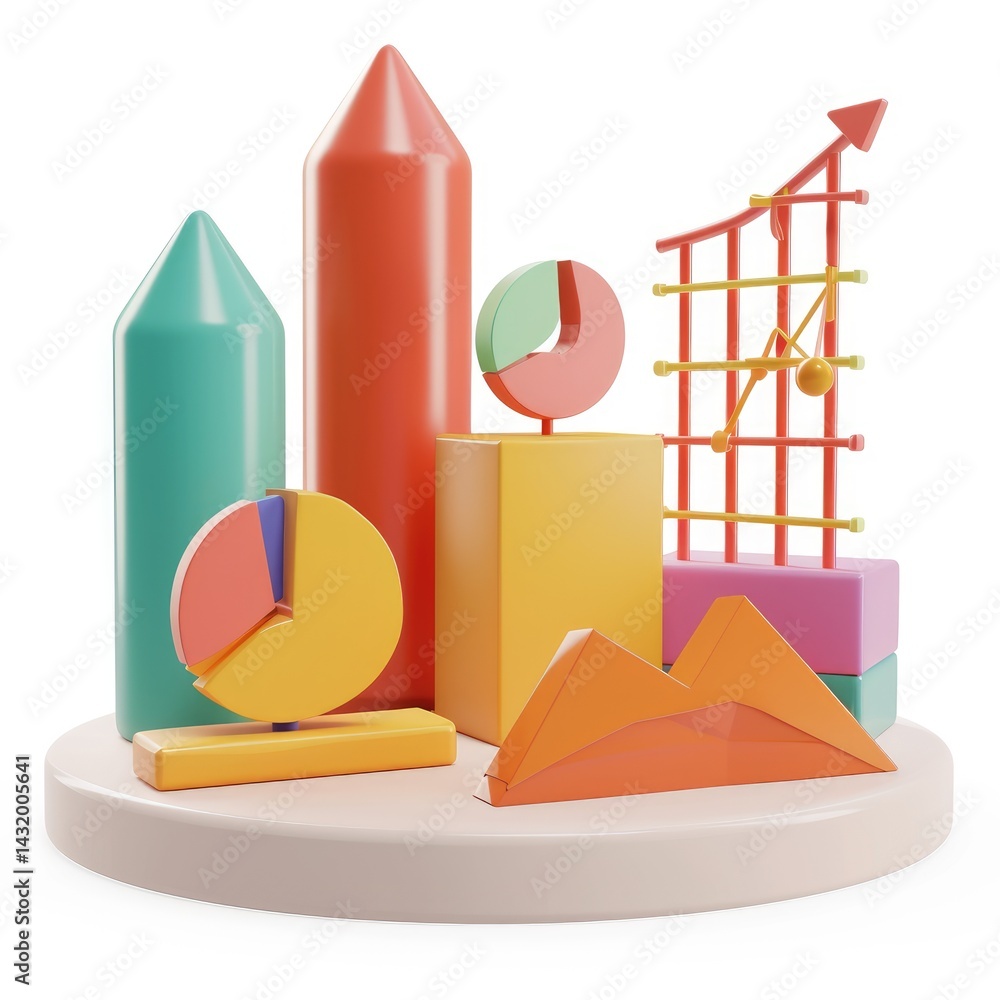 Obraz premium Colorful geometric shapes illustrate business growth and data visualization.