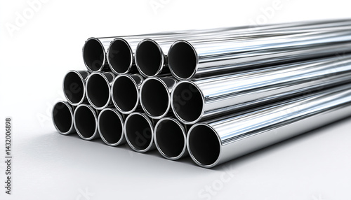 A collection of impeccably preserved stainless steel seamless tubes and pipes, with cylindrical shapes that reflect a polished shine, characterized by their impeccable construction and seamless joints