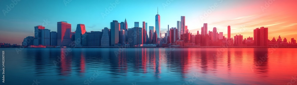 Fototapeta premium The towering skyline of the metropolis, viewed from across the tranquil waters, bathed in a radiant sunset glow. The city's architecture reflects beautifully