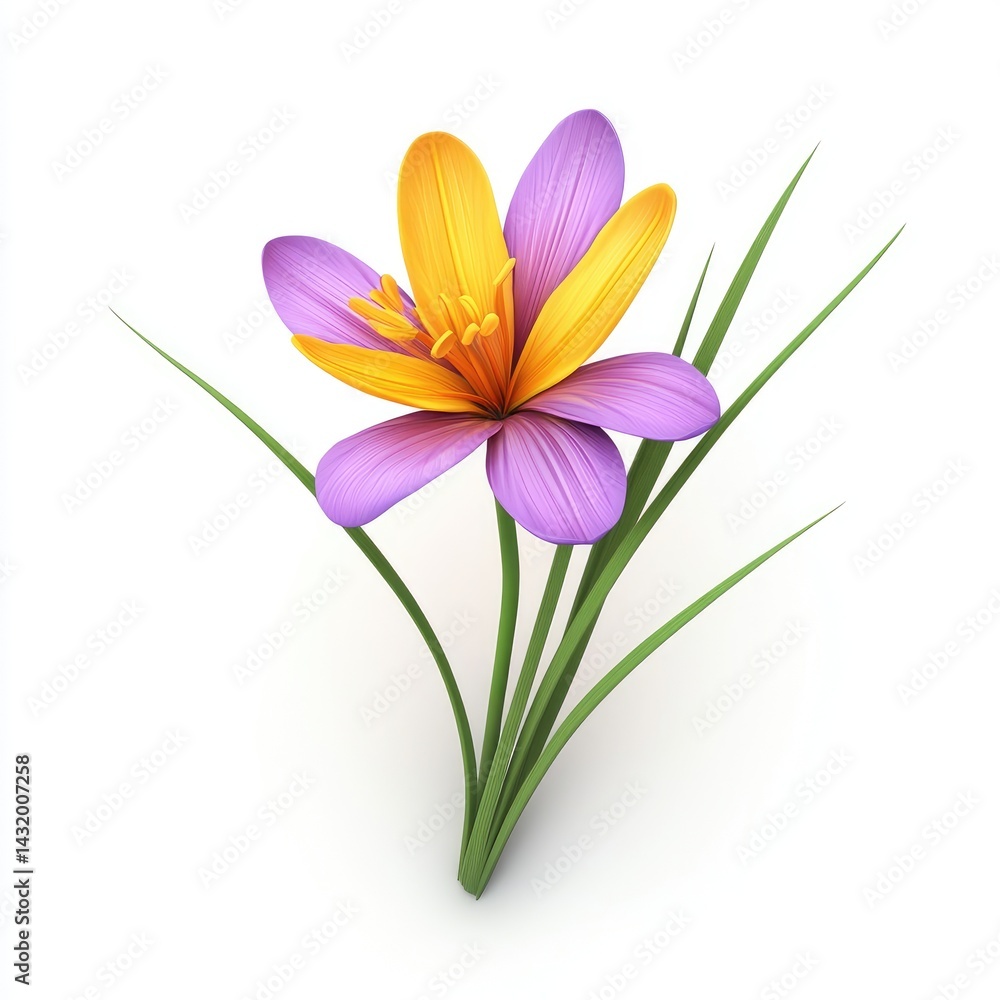 Naklejka premium Vibrant crocus flower with verdant foliage.