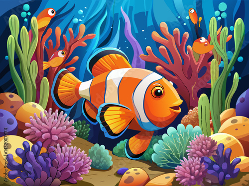 vector of Amphiprion ocellaris fish among underwater corals