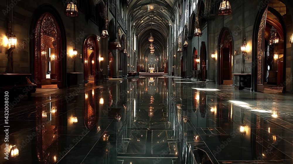 Fototapeta premium Reflective Floor Installation in Gothic Cathedral
