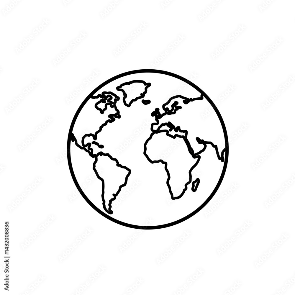 Planet Earth Icon Vector in Black Line Style Representing Global Connection, World Geography and Environmental Awareness in Minimal Outline Format