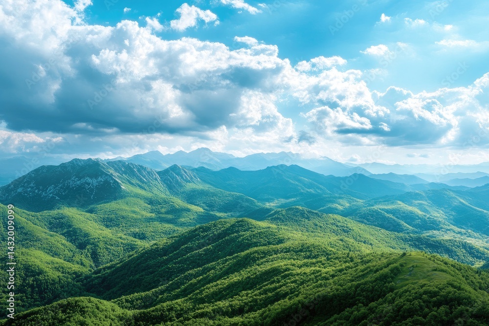Fototapeta premium A vast vista of verdant mountains under a vibrant sky filled with fluffy clouds.