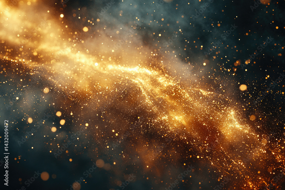 Obraz premium Golden cosmic dust swirls and sparkles, creating a mesmerizing, ethereal abstract background.