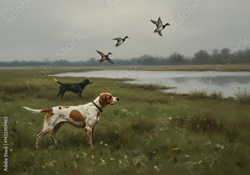 Fototapeta Naklejka Na Ścianę i Meble -  Hunting dogs watching ducks painting fine art print canvas art hunting scene wall art home decor artwork 