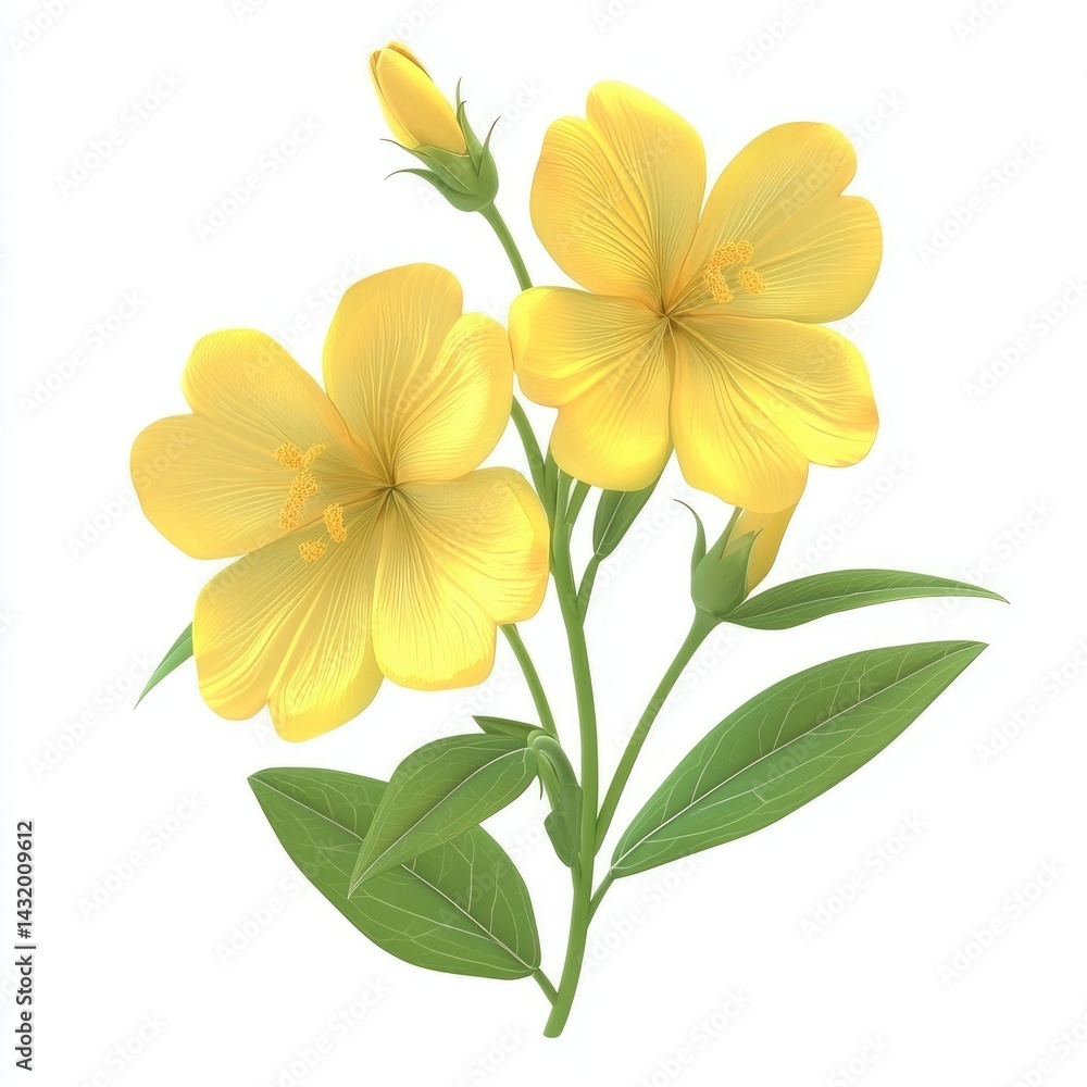 Obraz premium Vibrant yellow flowers with green leaves against a white background.