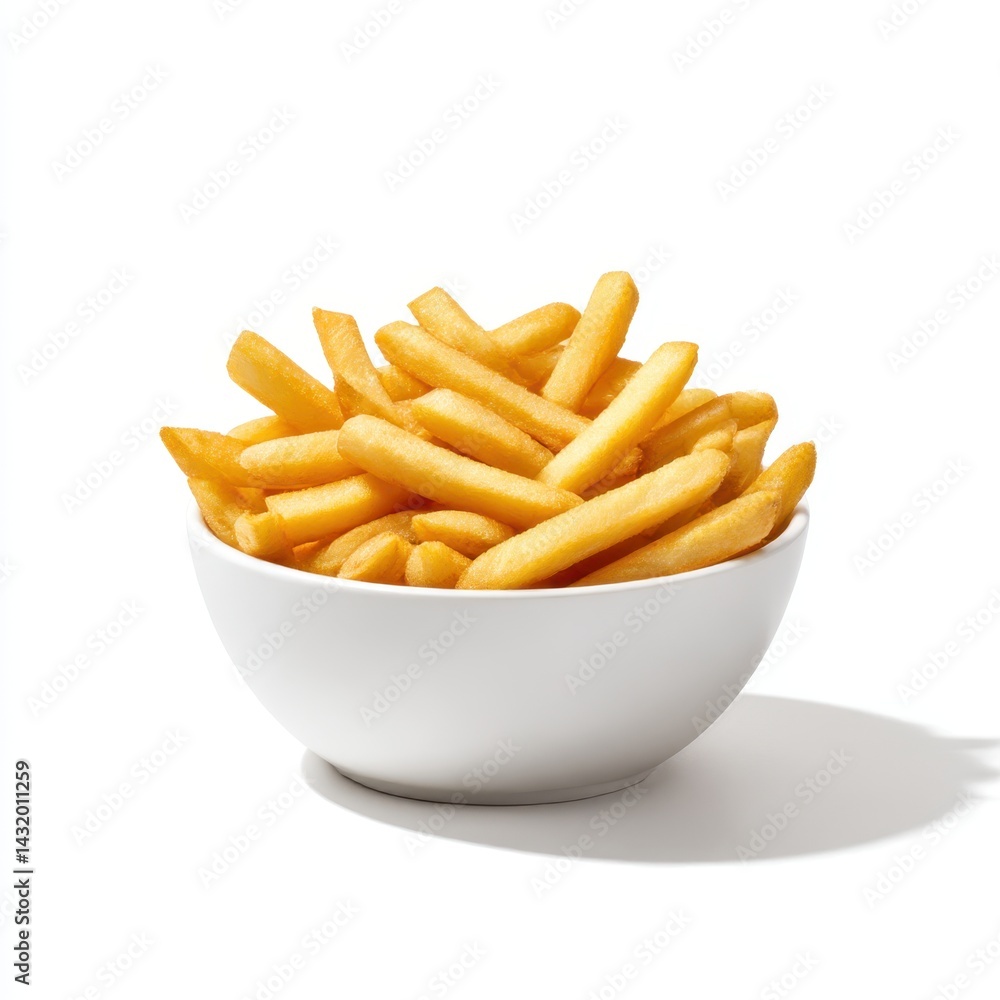 Close up view of golden fries served in a white bowl on a white surface Close up view of golden fries served in a white bowl on a white surface