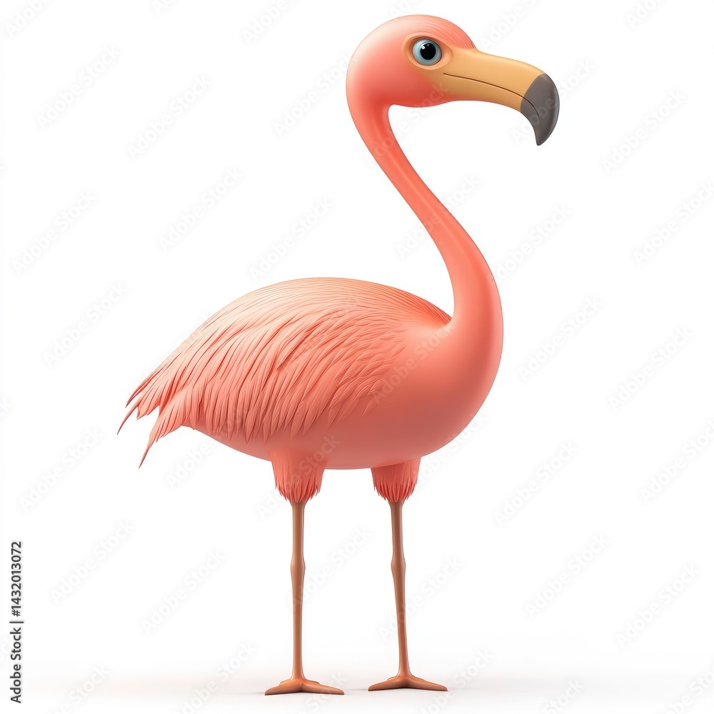 Fototapeta premium Cartoon flamingo character stands proudly against a plain white background.