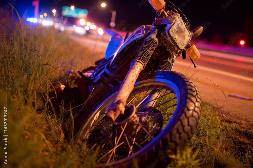 Damaged Motorcycle Flipped on Roadside at Night