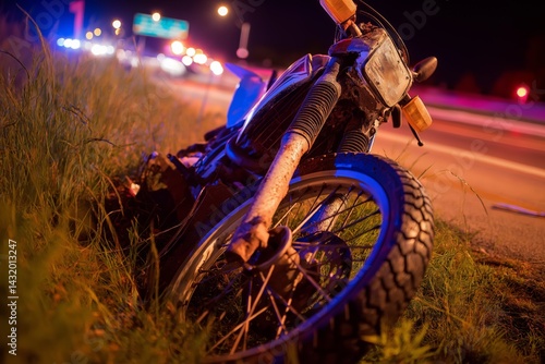 Obraz na płótnie Damaged Motorcycle Flipped on Roadside at Night w salonie