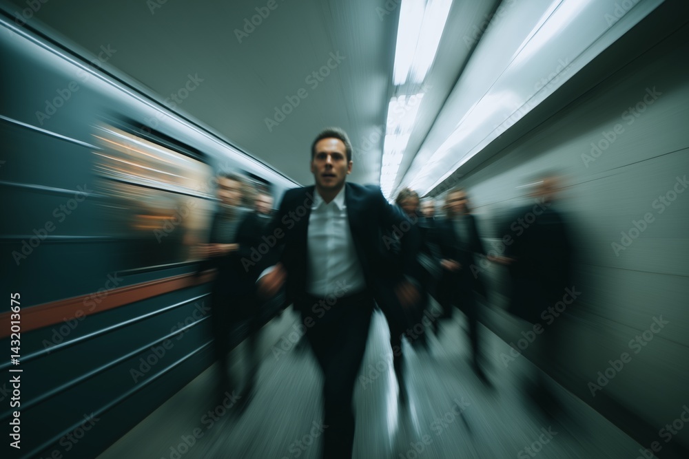 Stressed Businessman Rushing for Subway Train