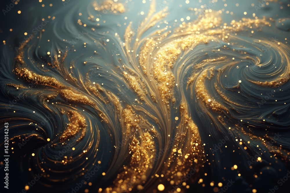 A black and gold abstract background with a swirl of gold glitter A black and gold abstract background with a swirl of gold glitter
