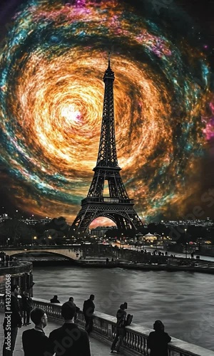 Stunning view of the Eiffel Tower amidst a swirling cosmic backdrop at night