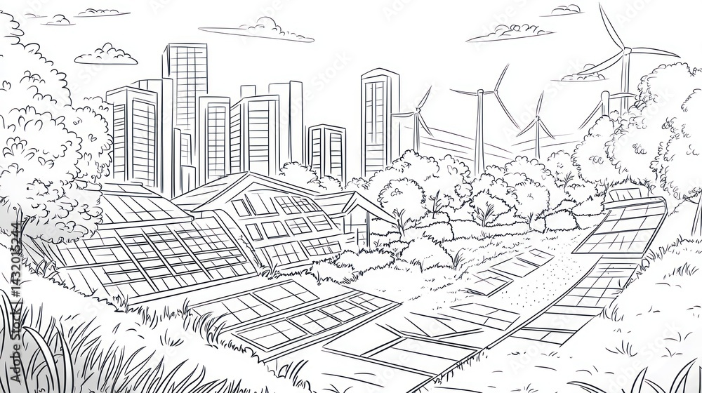 Fototapeta premium Green city skyline with solar panels; renewable energy