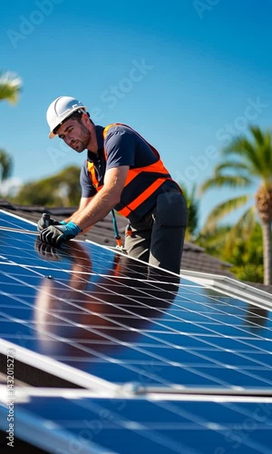 Technician Installing Solar Panels on Rooftop Under Clear Blue Sky Surrounded by Palm Trees
