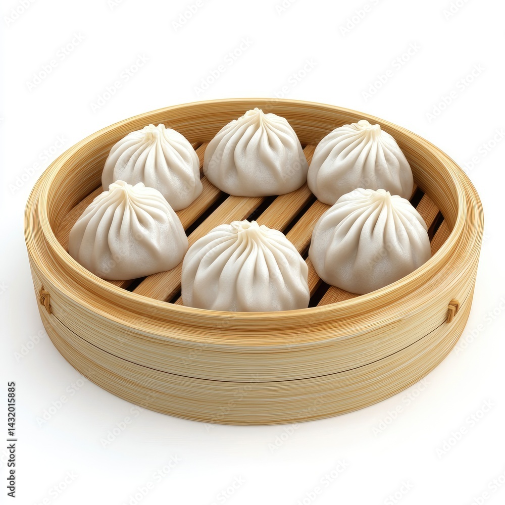 Fototapeta premium Steamed dumplings served in a traditional bamboo steamer.