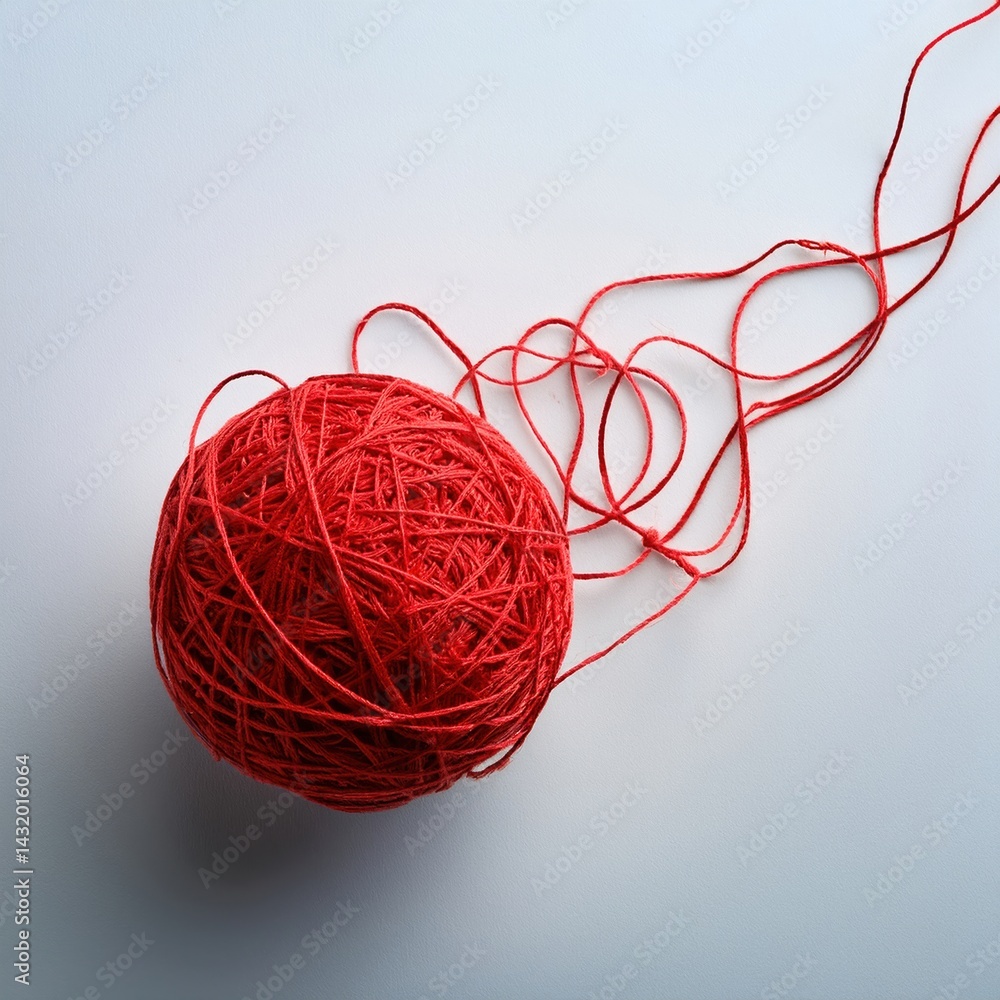 Red yarn ball on white surface unwinding elegantly with simple design Red yarn ball on white surface unwinding elegantly with simple design
