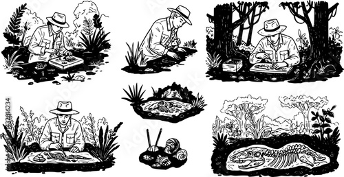 Archaeologist conducting field research while analysing fossil remains at an excavation site in a forested area during daylight hours
