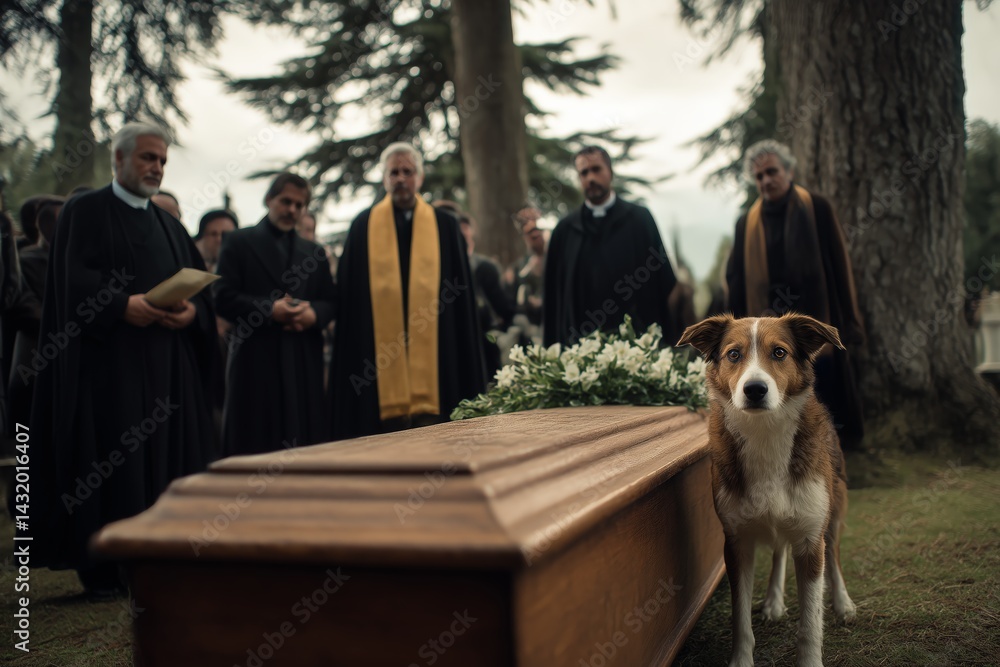 Solemn funeral, dog by coffin