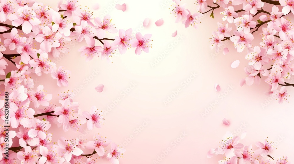 Delicate pink cherry blossoms frame a soft, pastel background. Delicate pink cherry blossoms frame a soft, pastel background.