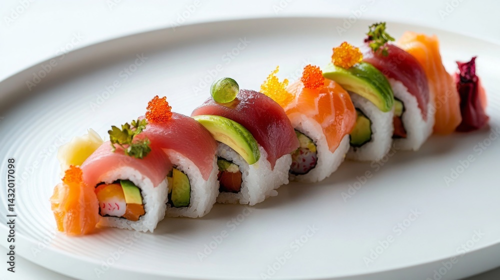Fresh sushi roll assortment displayed on a simple white plate in a bright dining environment Fresh sushi roll assortment displayed on a simple white plate in a bright dining environment
