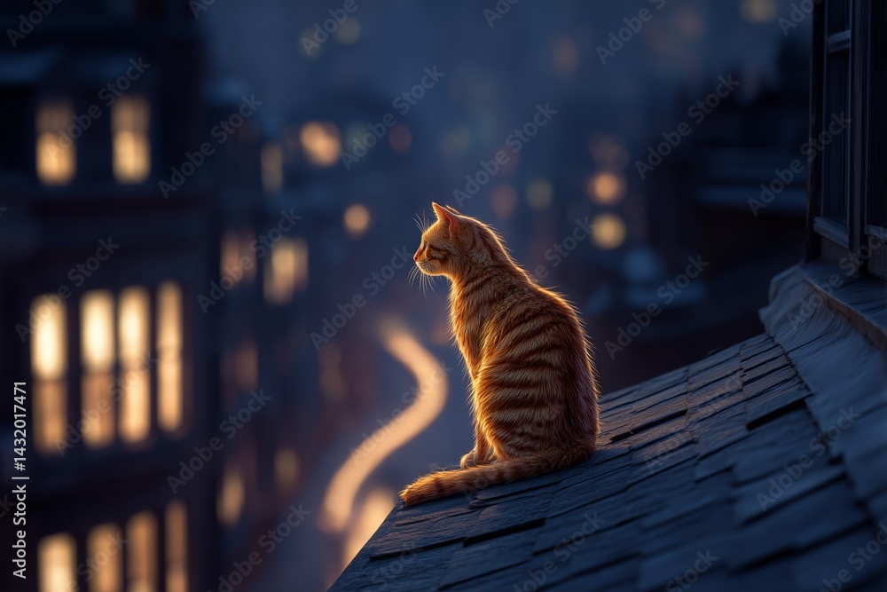 Tabby Cat on Rooftop at Dusk
