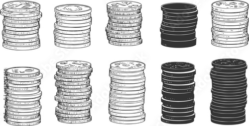 Stacks of coins displayed in two columns showcasing detailed engravings and textures with a focus on monetary themes
