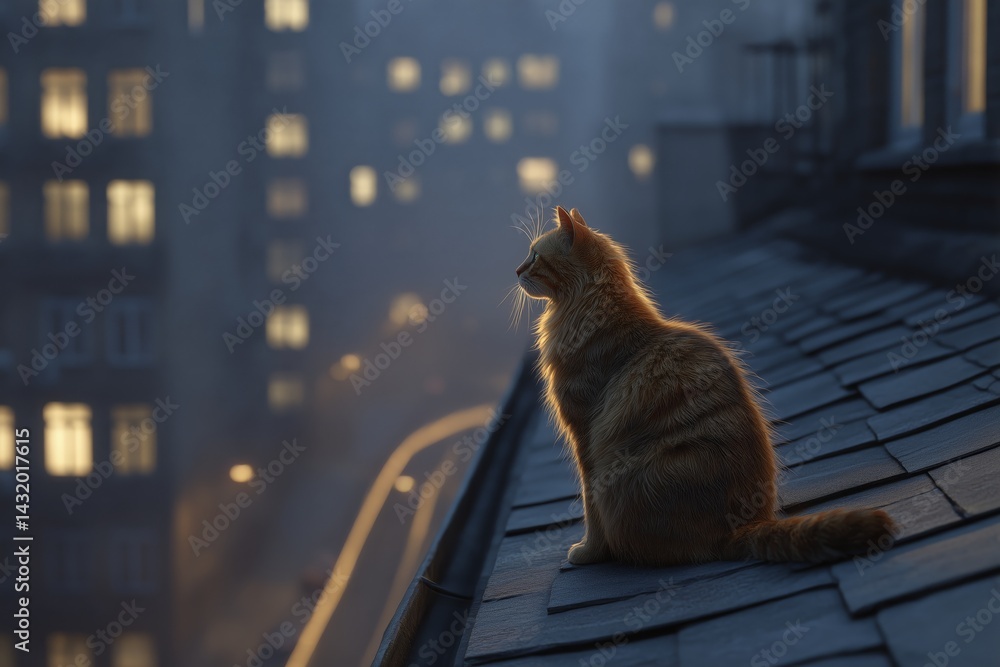 Tabby Cat on Rooftop at Dusk