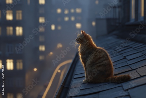 Obraz na płótnie Tabby Cat on Rooftop at Dusk w salonie