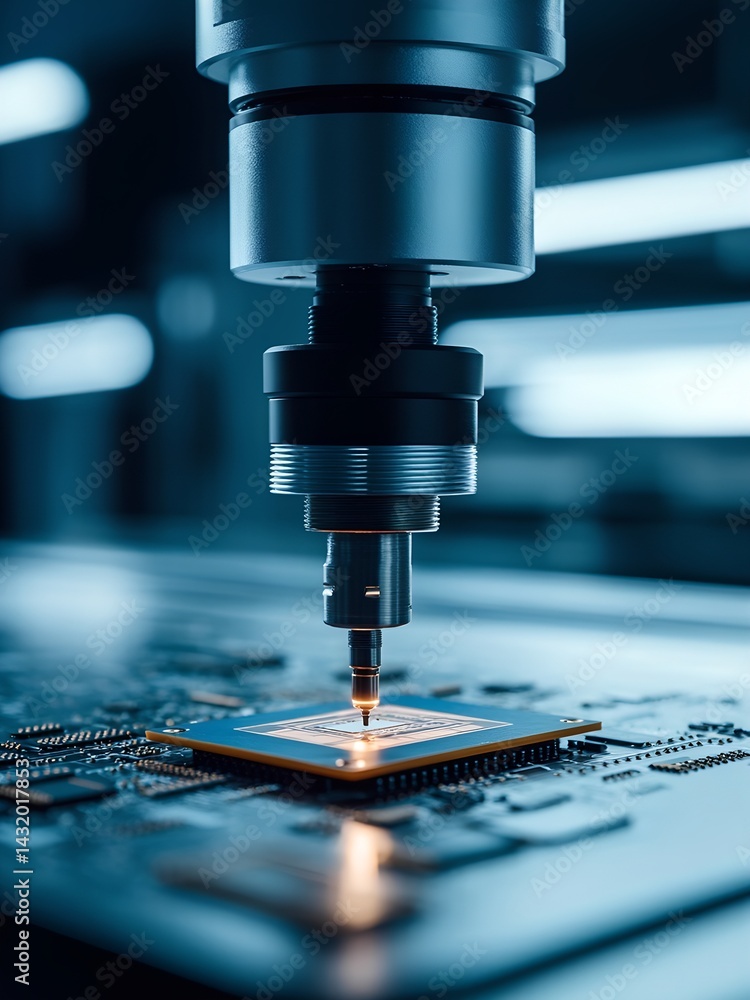 A close-up view shows a robotic arm meticulously placing components onto a microchip in a modern electronics manufacturing lab. Bright lights enhance the precision of the work being done. A close-up view shows a robotic arm meticulously placing components onto a microchip in a modern electronics manufacturing lab. Bright lights enhance the precision of the work being done.