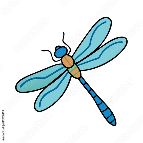 Illustration of a blue dragonfly insect with wings and body design vector graphic art image, nature