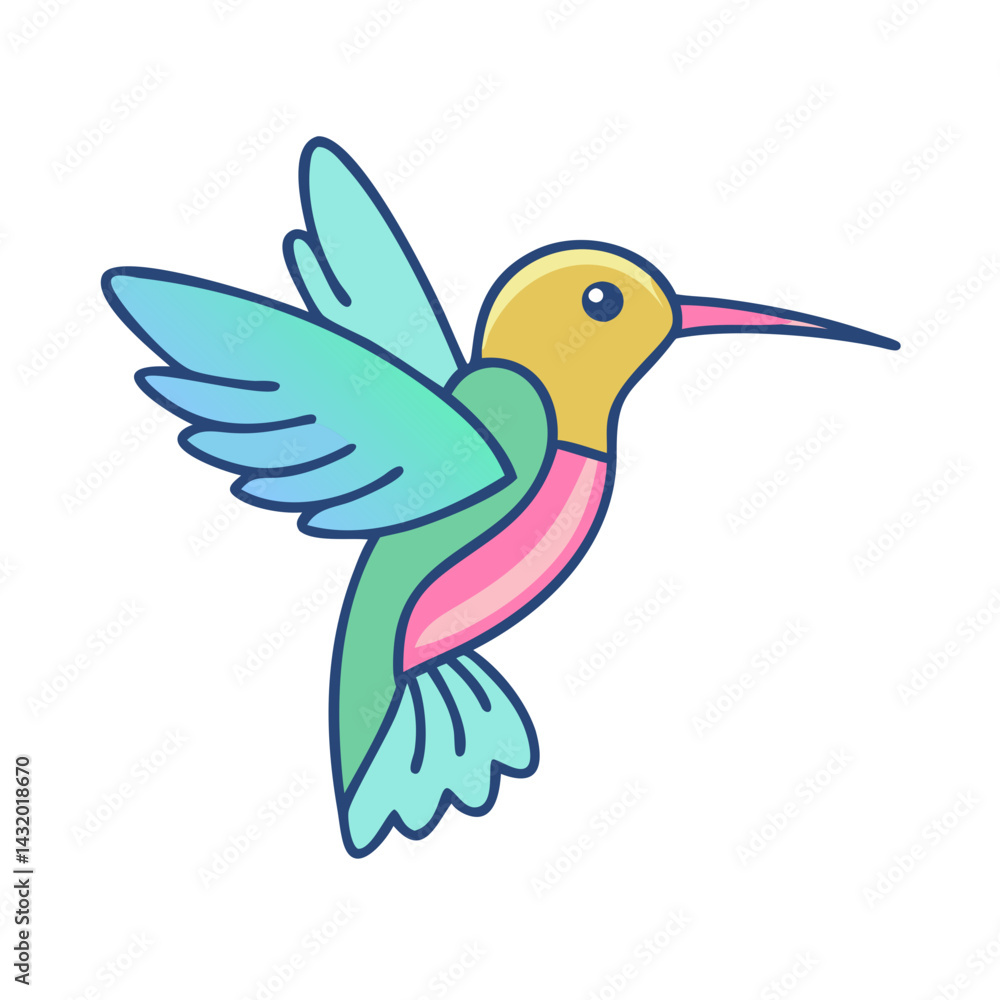 Obraz premium Illustration of a hummingbird flying with wings spread, colorful bird illustration, cute bird art