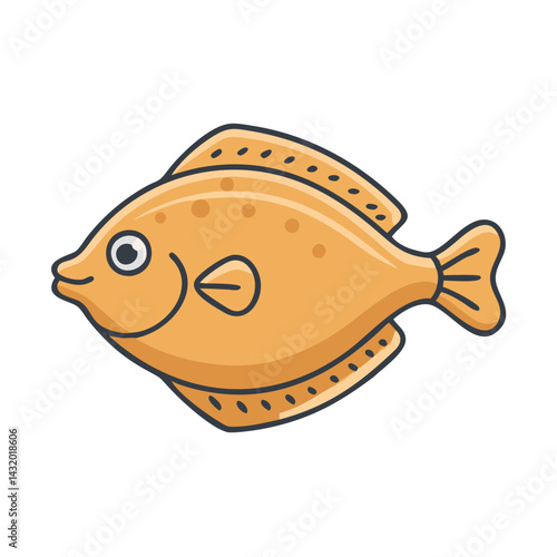 Cartoon flatfish illustration, flounder graphic, marine life drawing, yellow fish art, sea creature design
