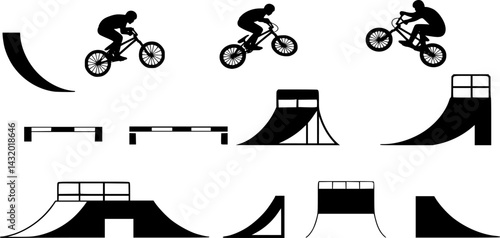 Various bike stunt elements and ramps depicted in a creative, monochromatic design showcasing the excitement of BMX riding
