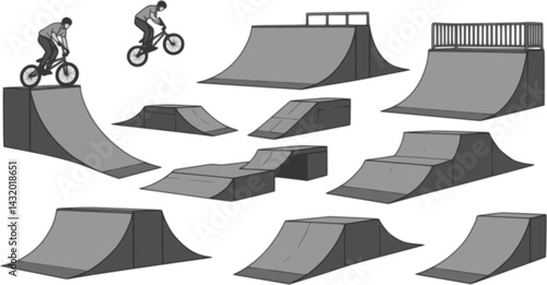 Various bike stunt elements and ramps depicted in a creative, monochromatic design showcasing the excitement of BMX riding
