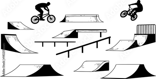 Various bike stunt elements and ramps depicted in a creative, monochromatic design showcasing the excitement of BMX riding
