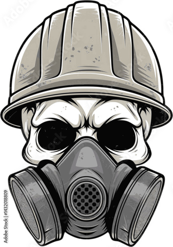Retro Skull with Grunge Hard Hat and Gas Mask Vector – Punk Rock T-Shirt Illustration for Streetwear & Biker Designs