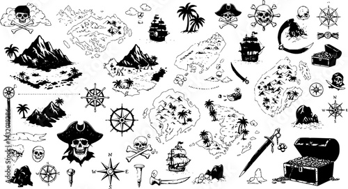 Treasure map illustrations featuring islands, ships, and symbols related to pirates and adventure
