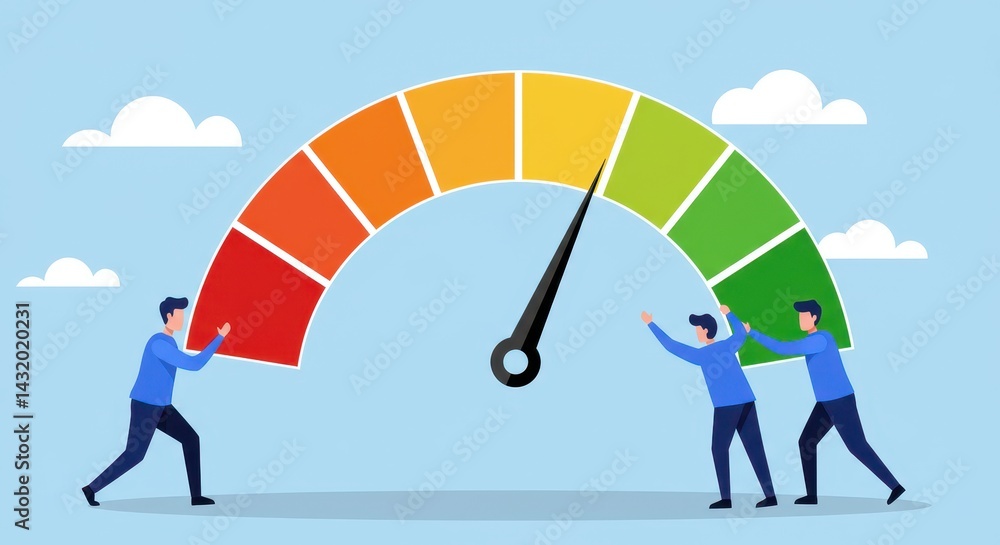 Three people moving a gauge with red orange yellow and green sections under a blue sky with clouds Three people moving a gauge with red orange yellow and green sections under a blue sky with clouds