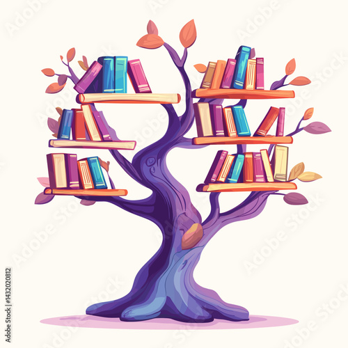 Cartoon vector illustration of a tree whose branches are shelves filled with colorful books on white background.
