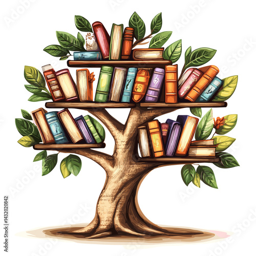 Cartoon vector illustration of a tree whose branches are shelves filled with colorful books on white background.
