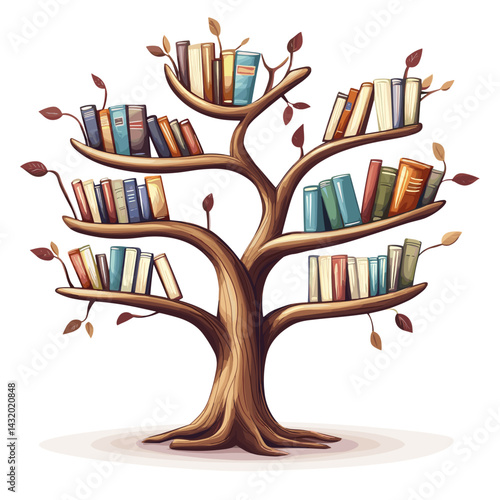 Cartoon vector illustration of a tree whose branches are shelves filled with colorful books on white background.
