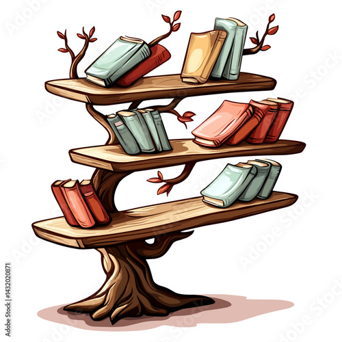 Cartoon vector illustration of a tree whose branches are shelves filled with colorful books on white background.
