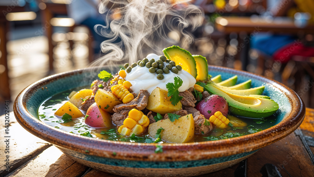 Ajiaco soup of potatoes, corn, meat with aromatic herbs, lime on a table in a street cafe, Cuba traditional food