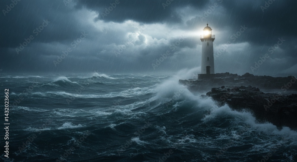 A lone lighthouse bravely stands against a violent storm with powerful ocean waves. A lone lighthouse bravely stands against a violent storm with powerful ocean waves.