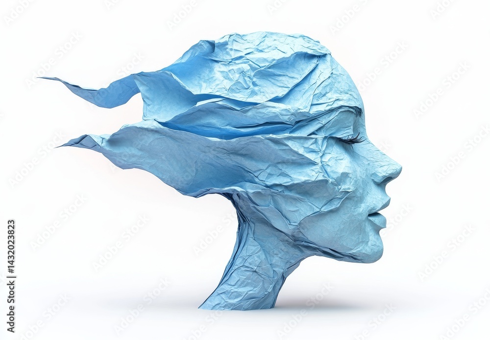 Fototapeta premium The concept of human stress and anxiety is represented by a person overwhelmed by fear and psychological pain, symbolized by crumpled paper signifying distress and depression symptoms or mental