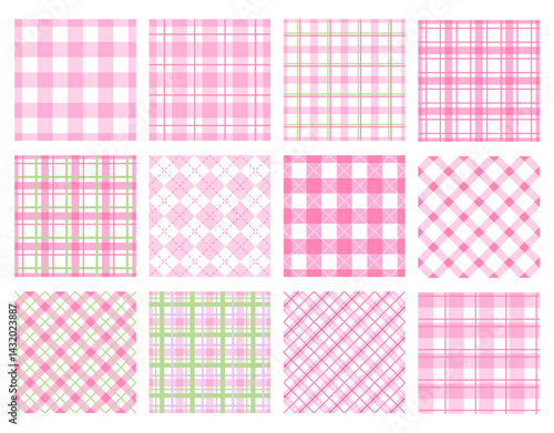 Spring plaid seamless patterns, Pastel pink and green doodle check and grid seamless vector pattern